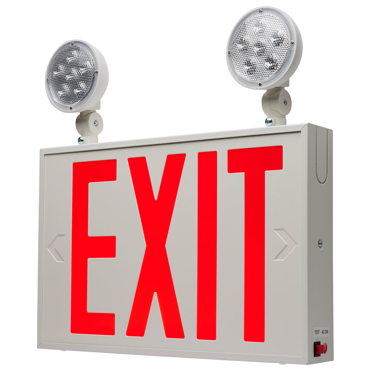 Combination Red Exit Sign/Emergency Light, 90min Ni-Cad backup, 120-277V, Dual Head, Single/Dual Face, Universal Mounting