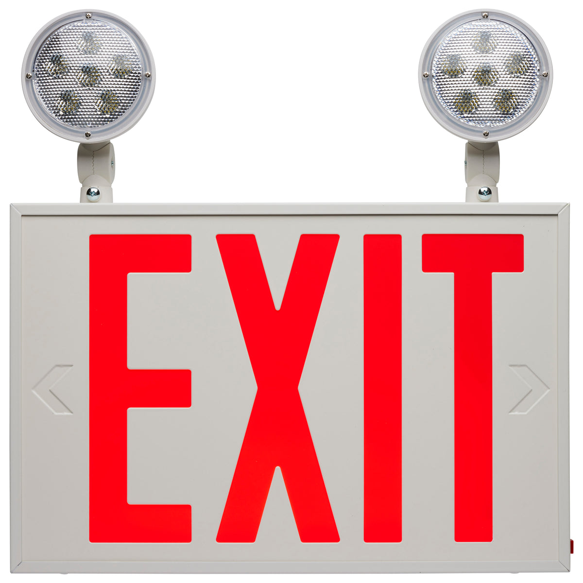 Combination Red Exit Sign/Emergency Light, 90min Ni-Cad backup, 120-277V, Dual Head, Single/Dual Face, Universal Mounting, Steel/NYC - White Finish
