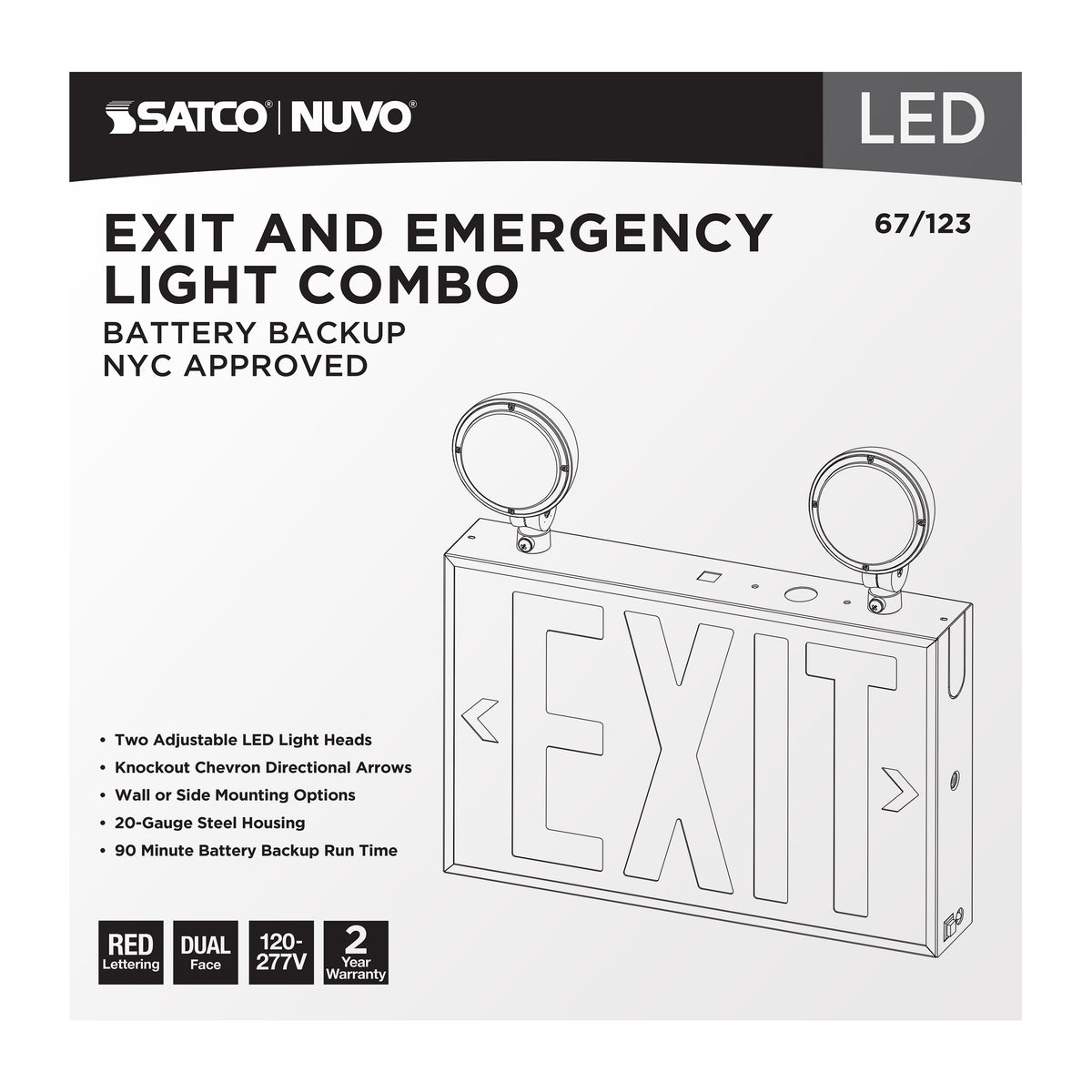 Combination Red Exit Sign/Emergency Light, 90min Ni-Cad backup, 120-277V, Dual Head, Single/Dual Face, Universal Mounting, Steel/NYC - White Finish