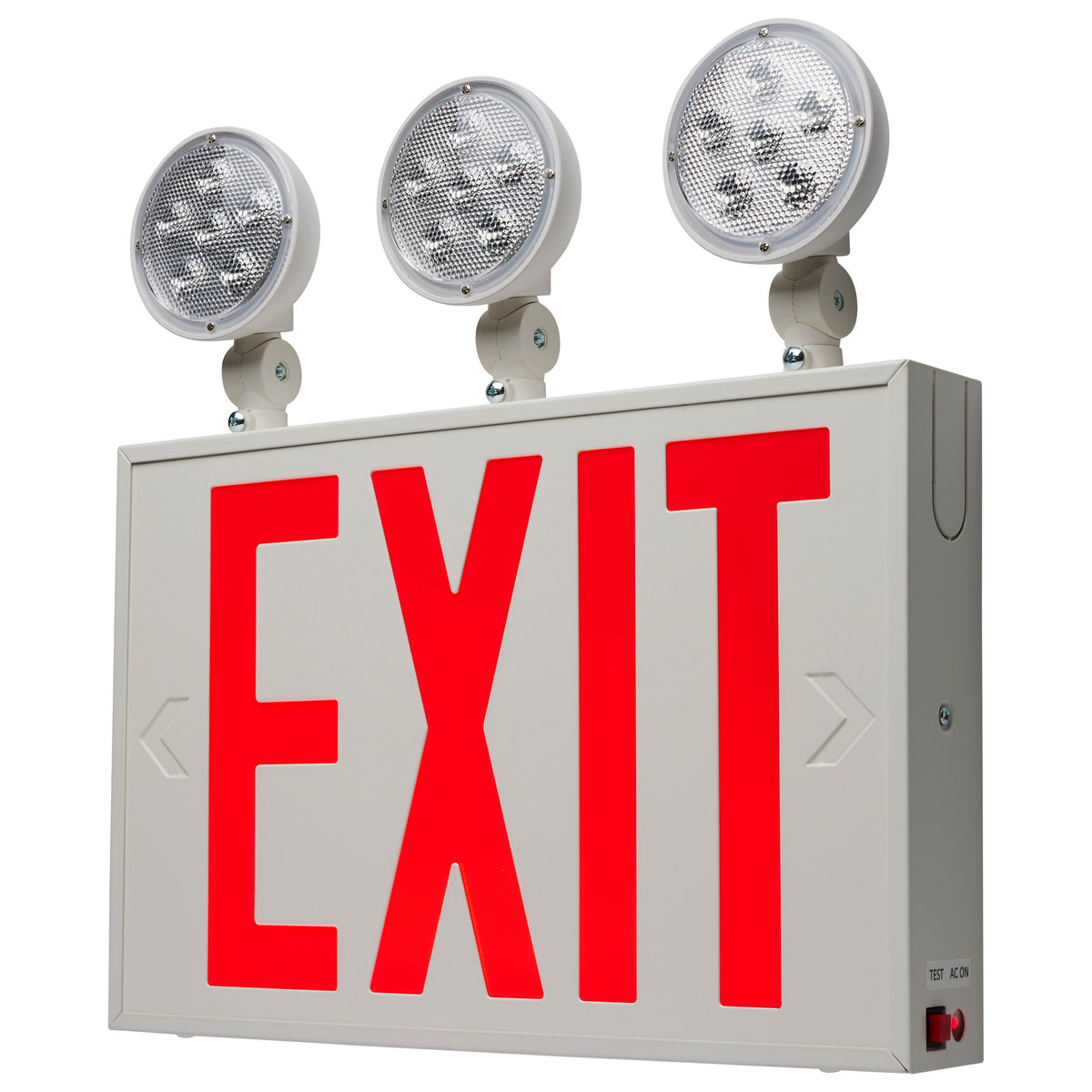 Combination Red Exit Sign/Emergency Light, 90min Ni-Cad backup, 120/277V, Tri Head, Single/Dual Face, Universal Mounting