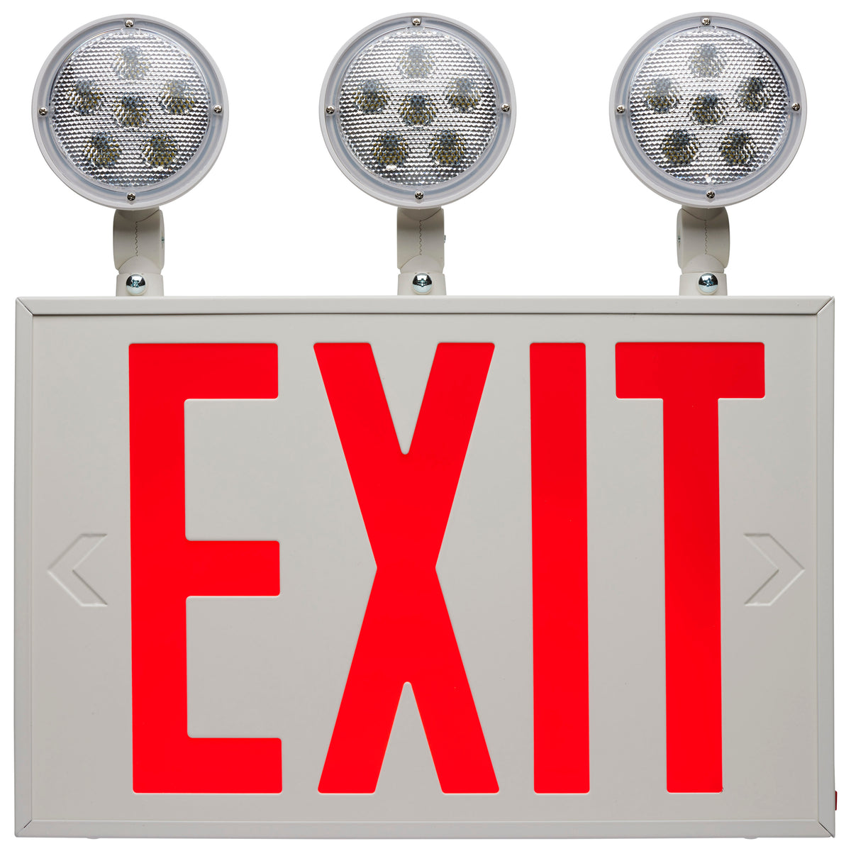 Combination Red Exit Sign/Emergency Light, 90min Ni-Cad backup, 120/277V, Tri Head, Single/Dual Face, Universal Mounting, Steel/NYC - White Finish