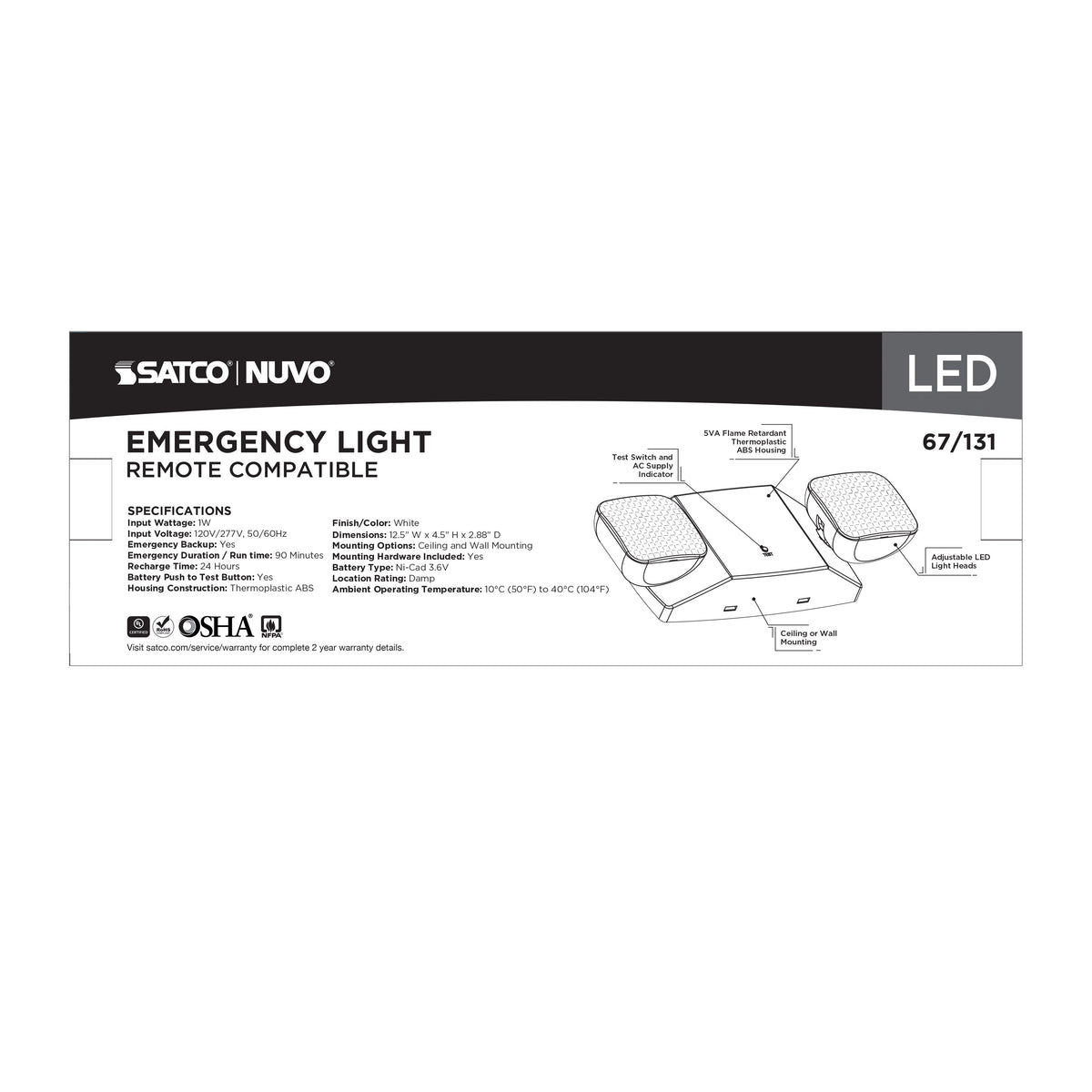 Emergency Light, 90min Ni-Cad backup, 120/277V, Dual Head, Universal Mounting, Remote Compatible - White Finish
