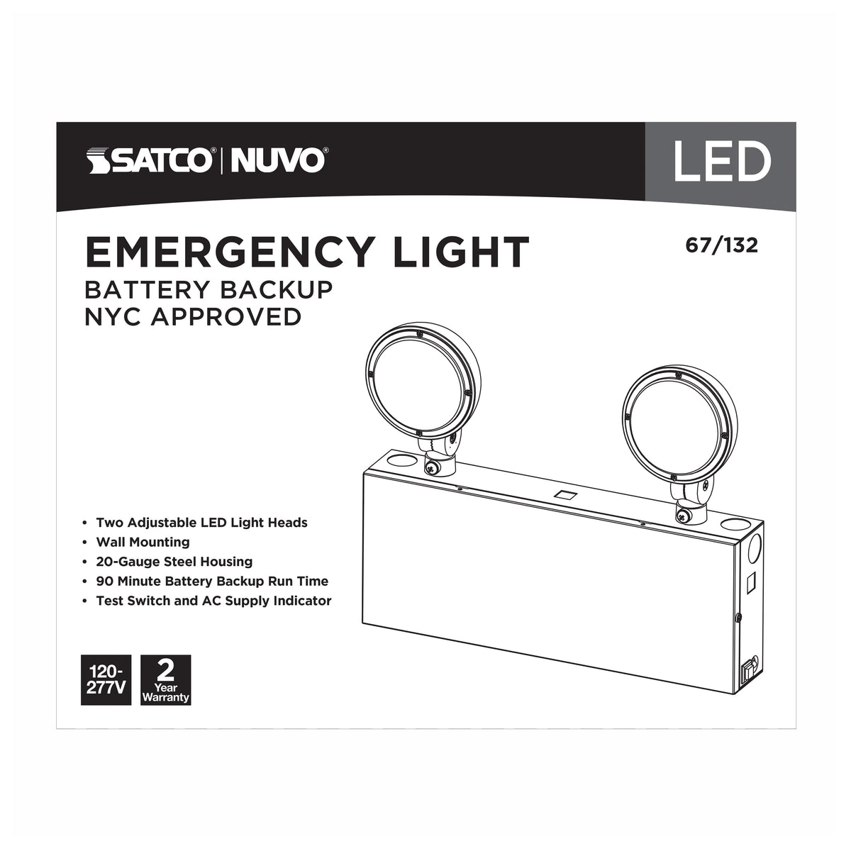 Emergency Light, 90min Ni-Cad backup, 120-277V, Dual Head, Universal Mounting, Steel/NYC - White Finish