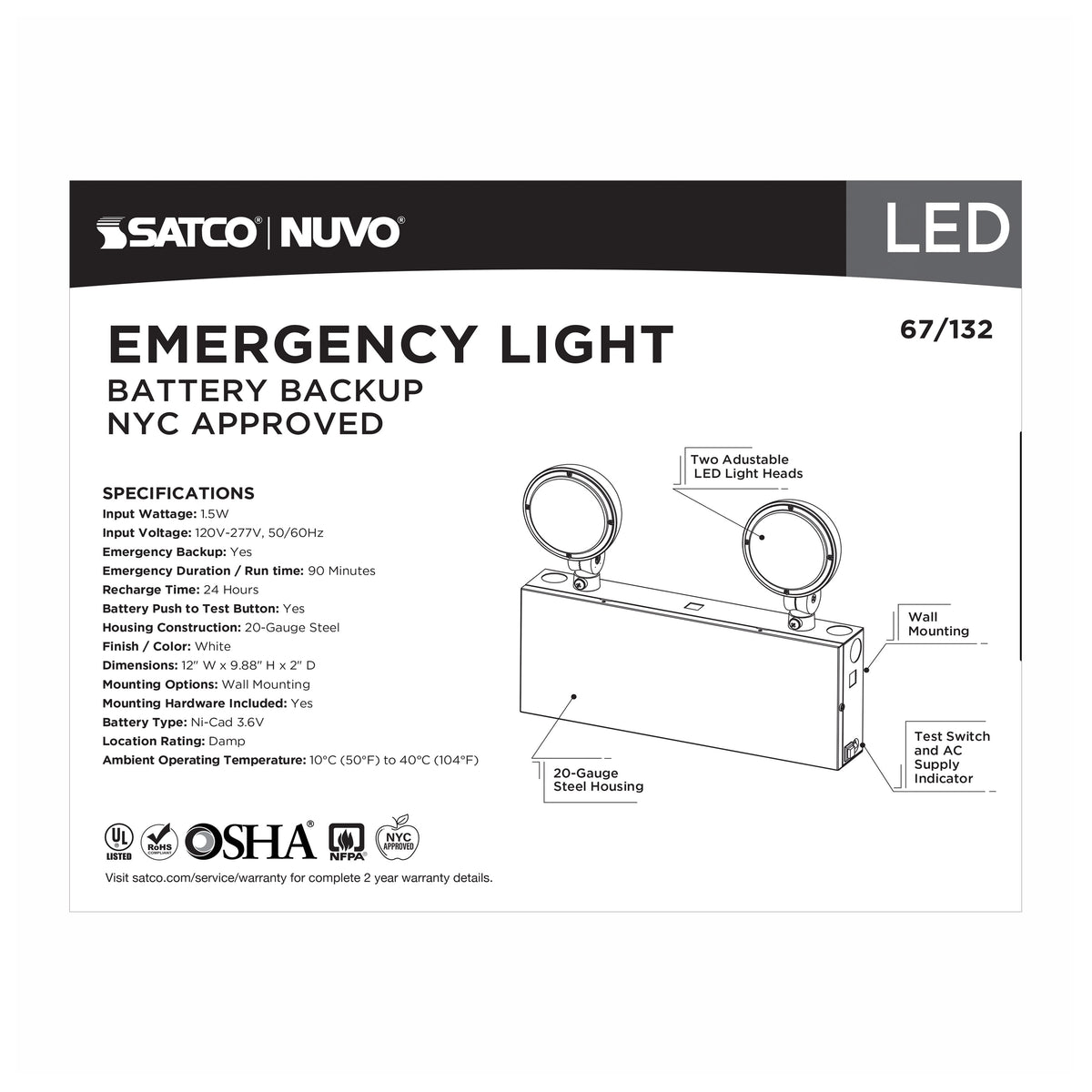 Emergency Light, 90min Ni-Cad backup, 120-277V, Dual Head, Universal Mounting, Steel/NYC - White Finish