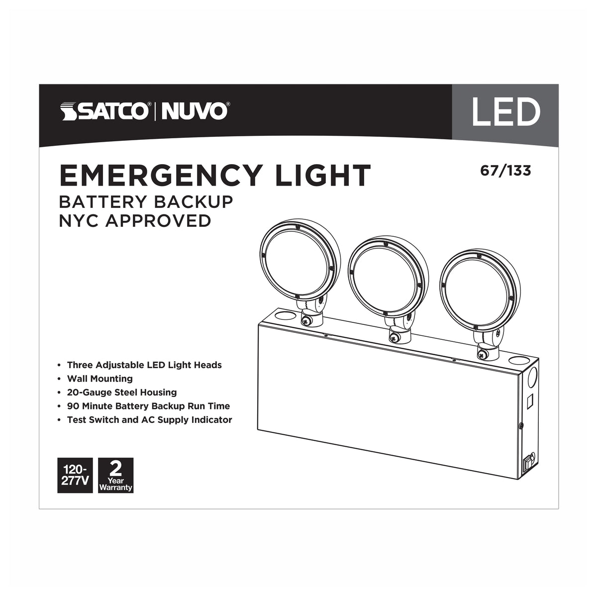 Emergency Light, 90min Ni-Cad backup, 120/277V, Tri Head, Universal Mounting, Steel/NYC - White Finish