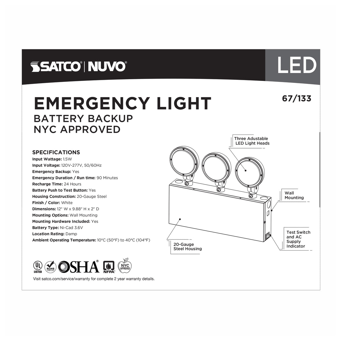Emergency Light, 90min Ni-Cad backup, 120/277V, Tri Head, Universal Mounting, Steel/NYC - White Finish