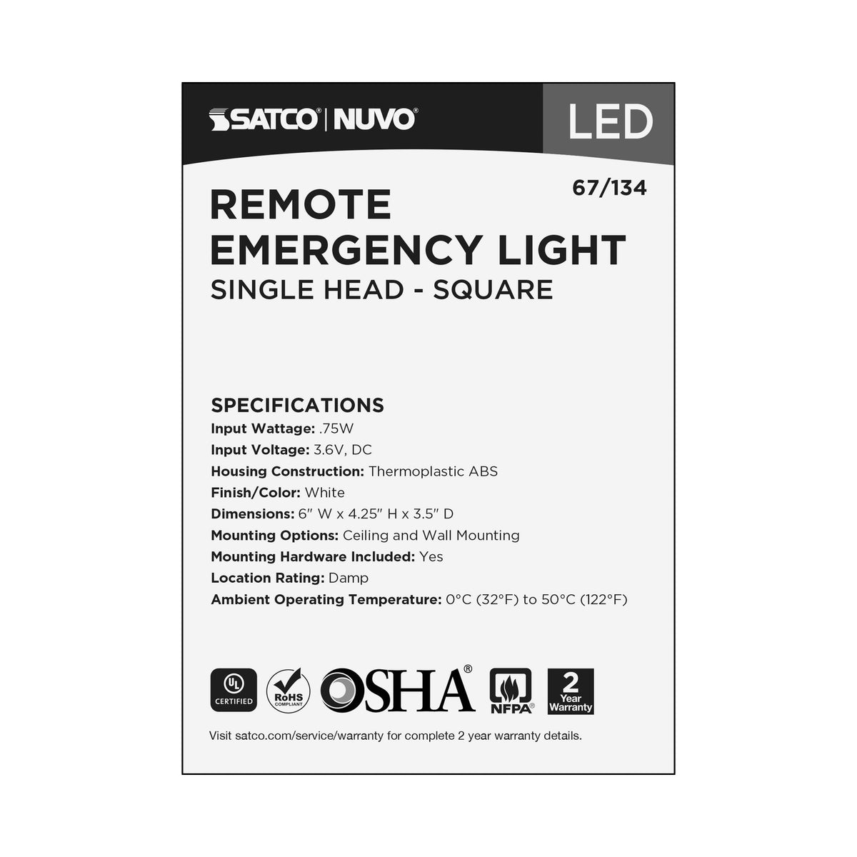 Remote Emergency Light, Low-Voltage Backup, Single Head - White Finish
