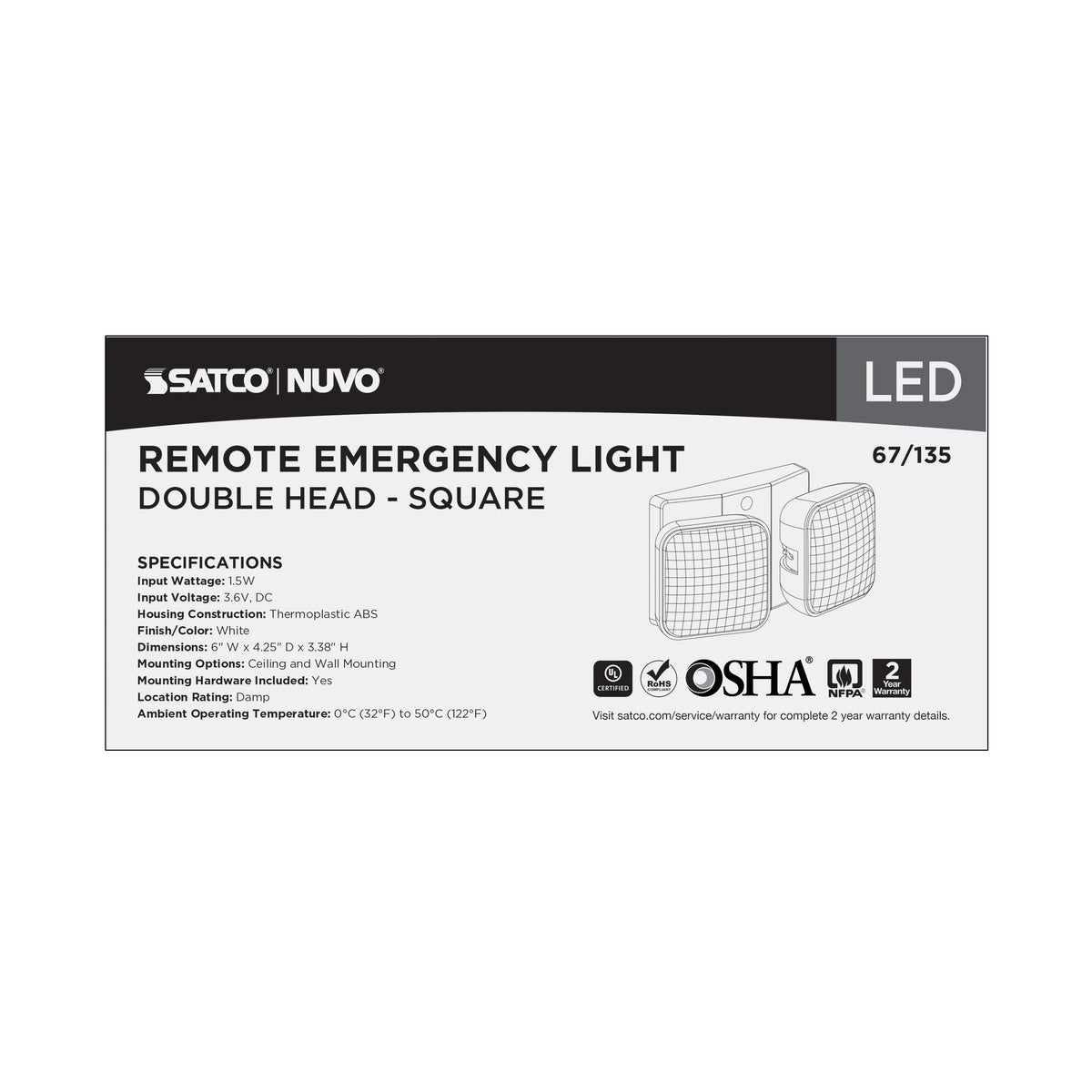 Remote Emergency Light, Low-Voltage Backup, Dual Head - White Finish