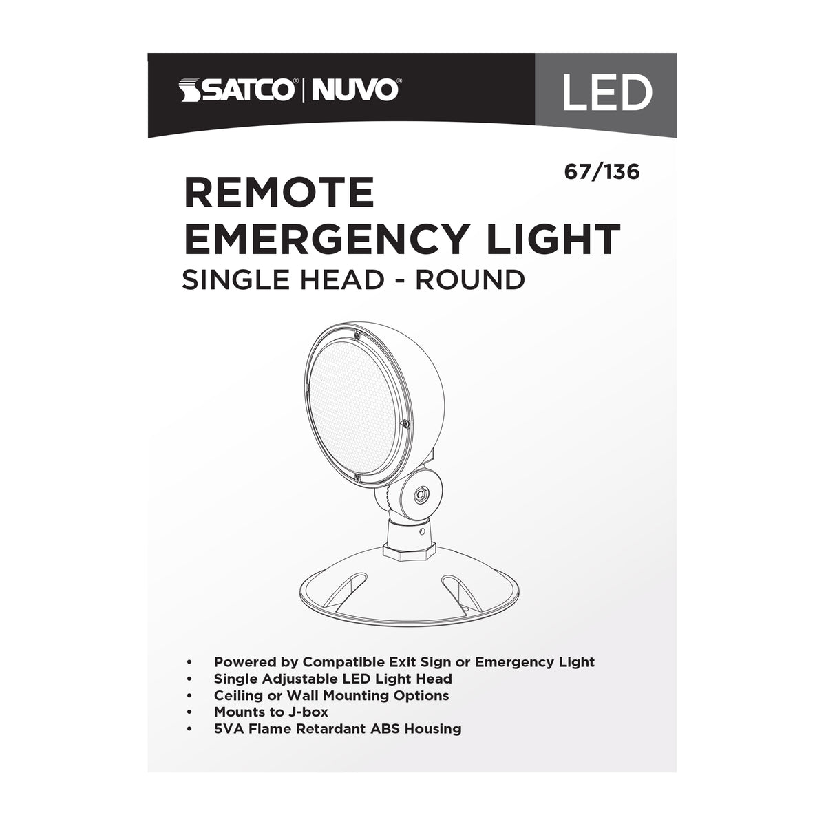 Remote Emergency Light, Low-Voltage Backup, Single Head, White Finish, Wet Location Rated