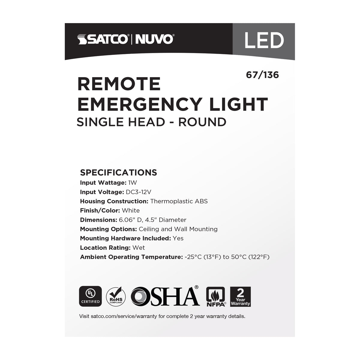 Remote Emergency Light, Low-Voltage Backup, Single Head, White Finish, Wet Location Rated
