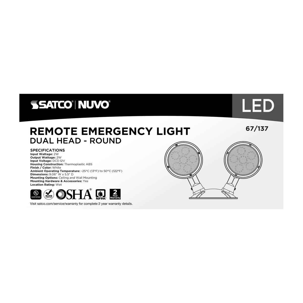 Remote Emergency Light - Low-Voltage Backup - Double Head, White Finish, Wet Location Rated