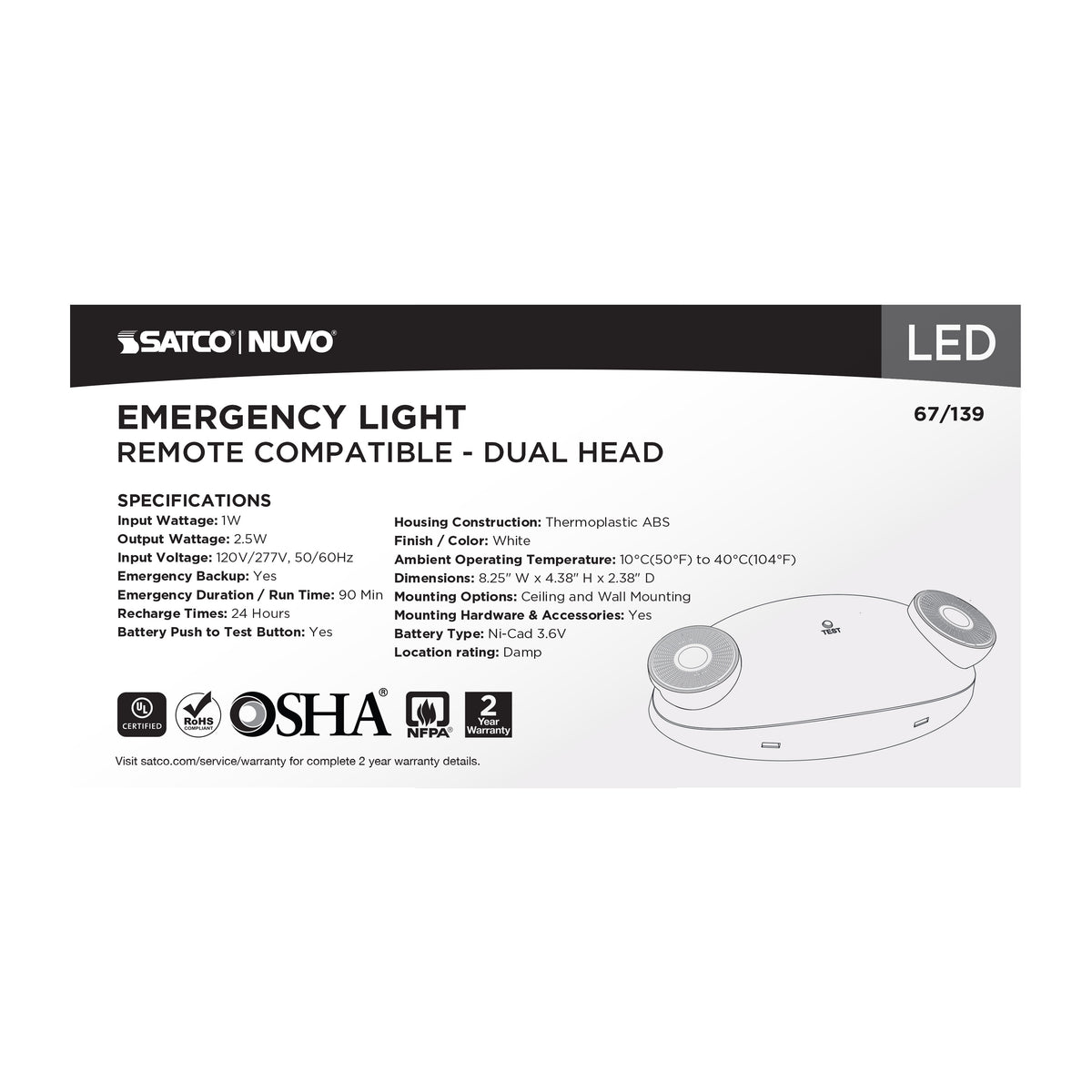 Emergency Light - Dual Head - 120/277 Volts - White Finish - Remote Compatible