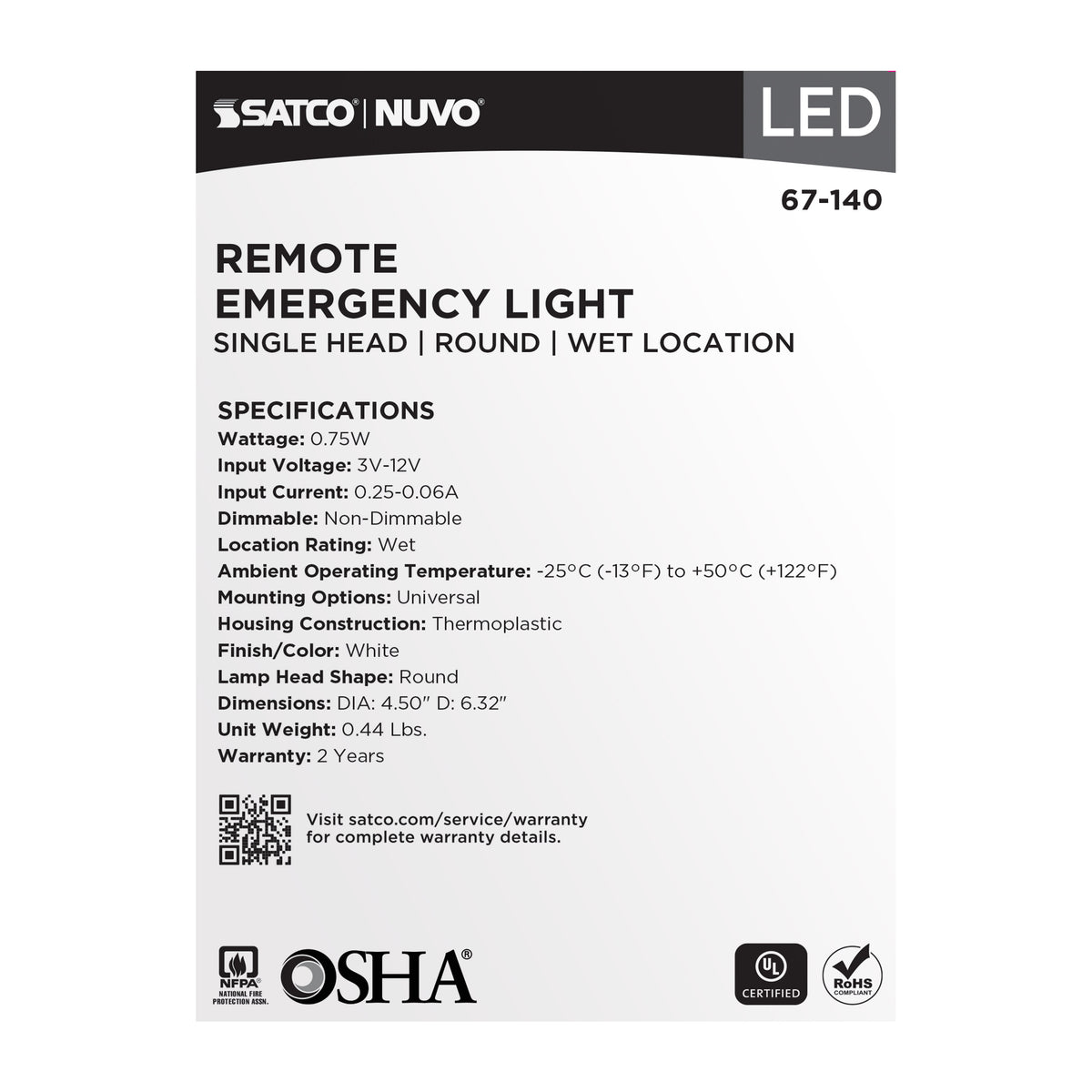 Remote Emergency Light - Weatherproof Low Power Single Head - 3-12V 0.75W - White Finish