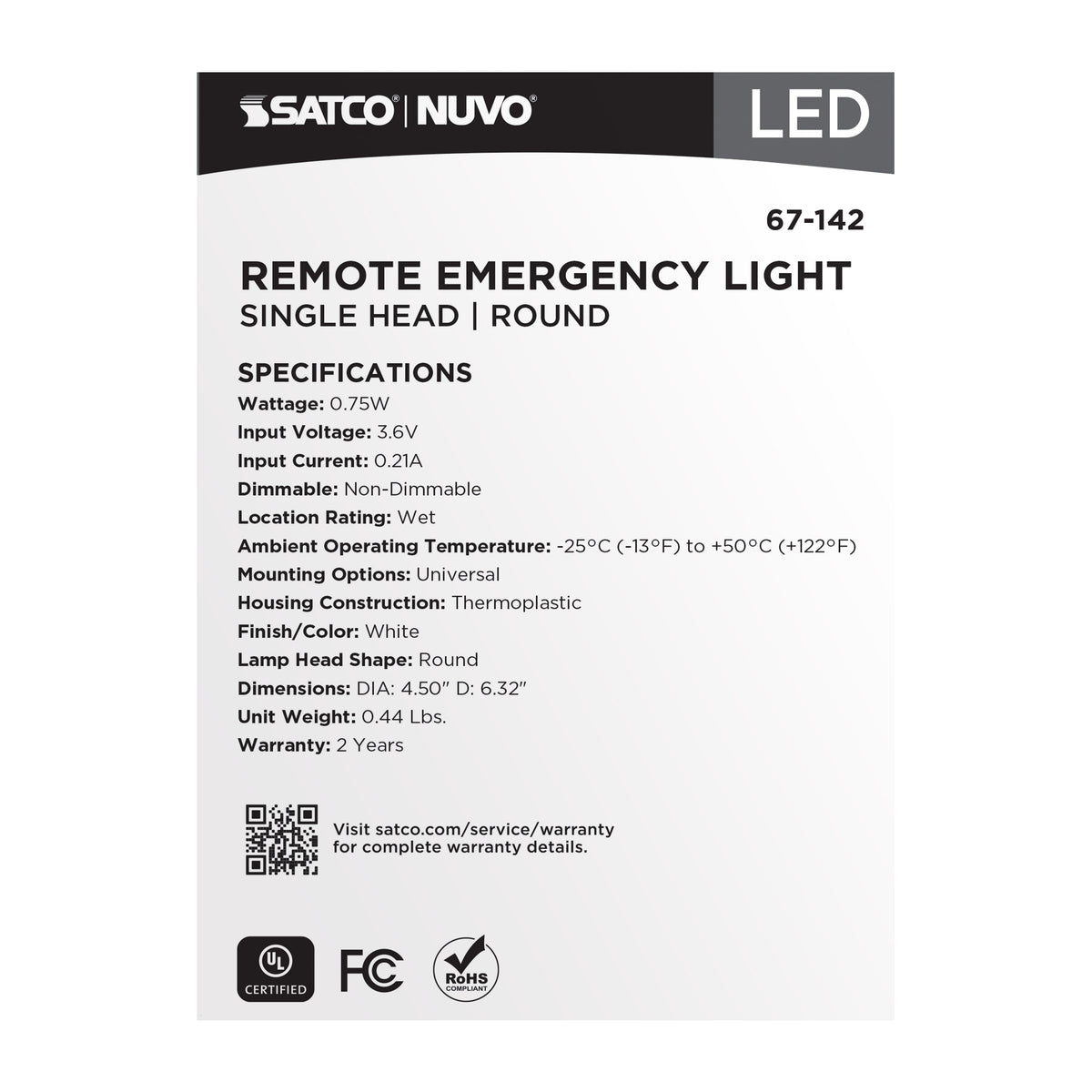 Remote Emergency Light - 0.75 Watt - Weatherproof Low Power Single Head - White Finish - 3.6 Volt