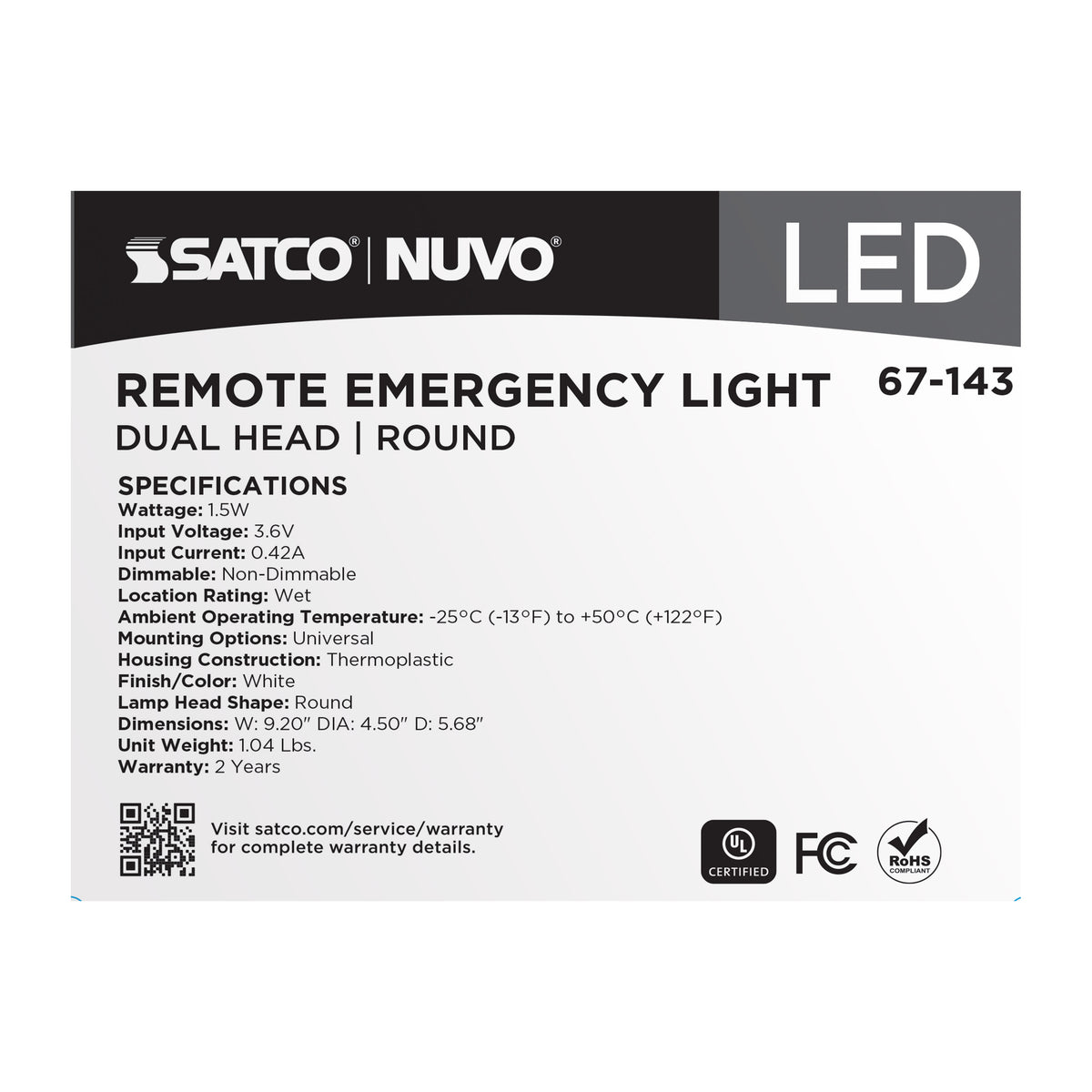 Remote Emergency Light - 1.5 Watt - Weatherproof Low Power Dual Head - White Finish - 3.6 Volt