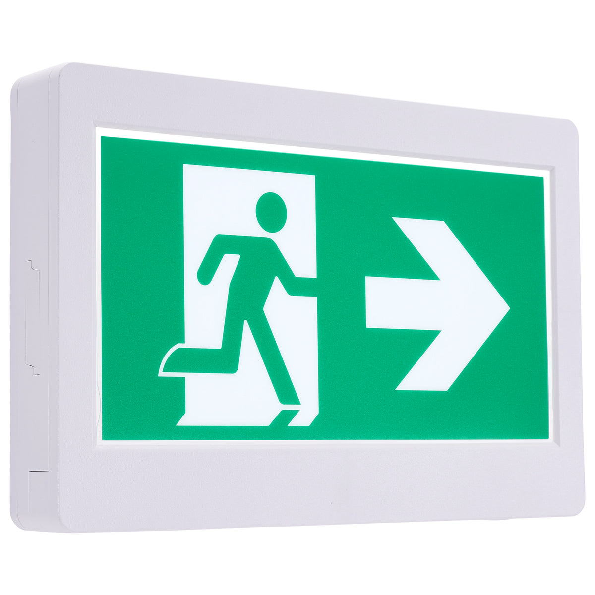 Running Man Green Exit Sign - 120-347V - 2HR backup - Single/Dual Face - Universal Mounting - Thermoplastic - White Finish