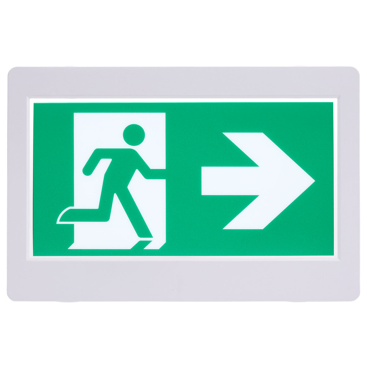 Running Man Green Exit Sign - 120-347V - 2HR backup - Single/Dual Face - Universal Mounting - Thermoplastic - White Finish