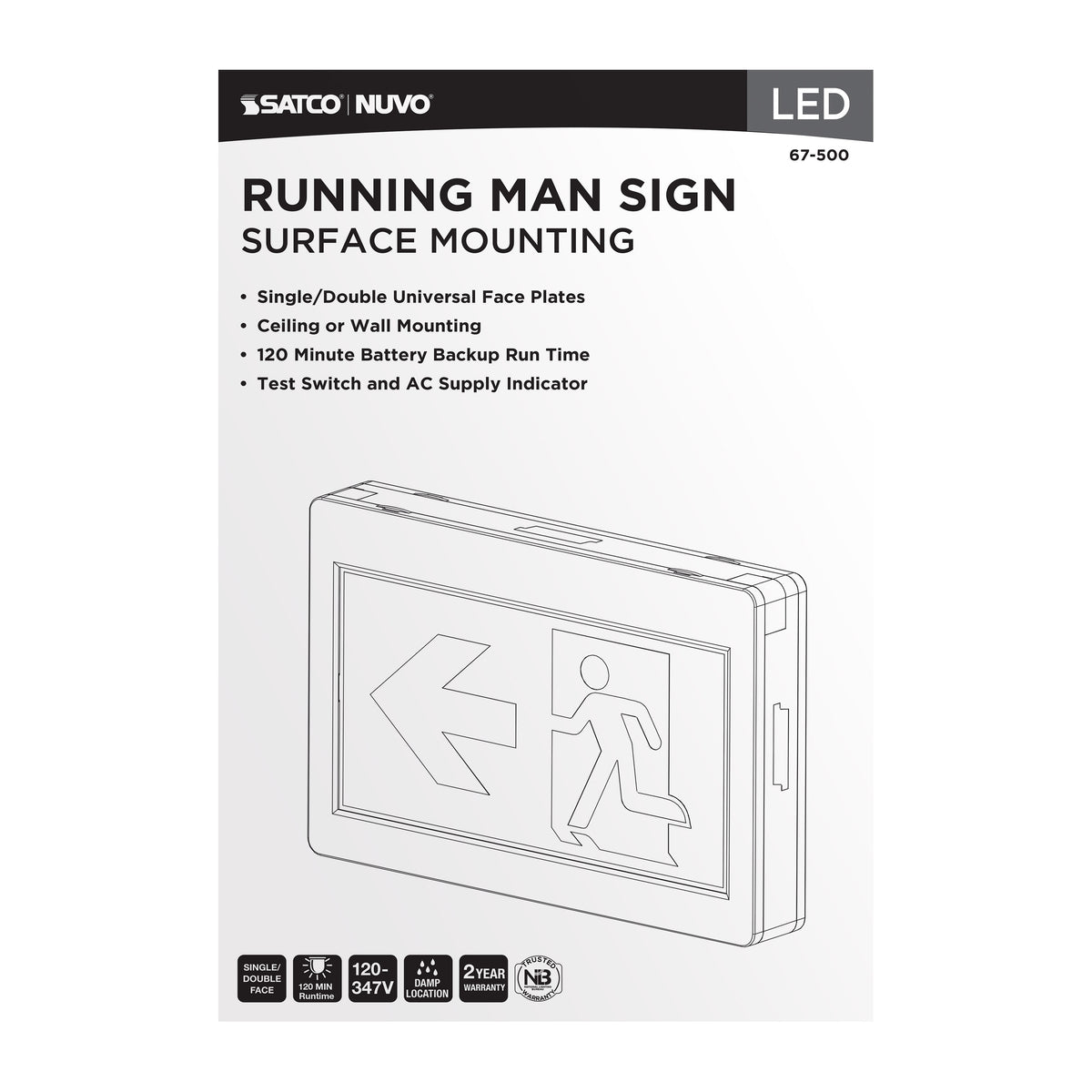 Running Man Green Exit Sign - 120-347V - 2HR backup - Single/Dual Face - Universal Mounting - Thermoplastic - White Finish
