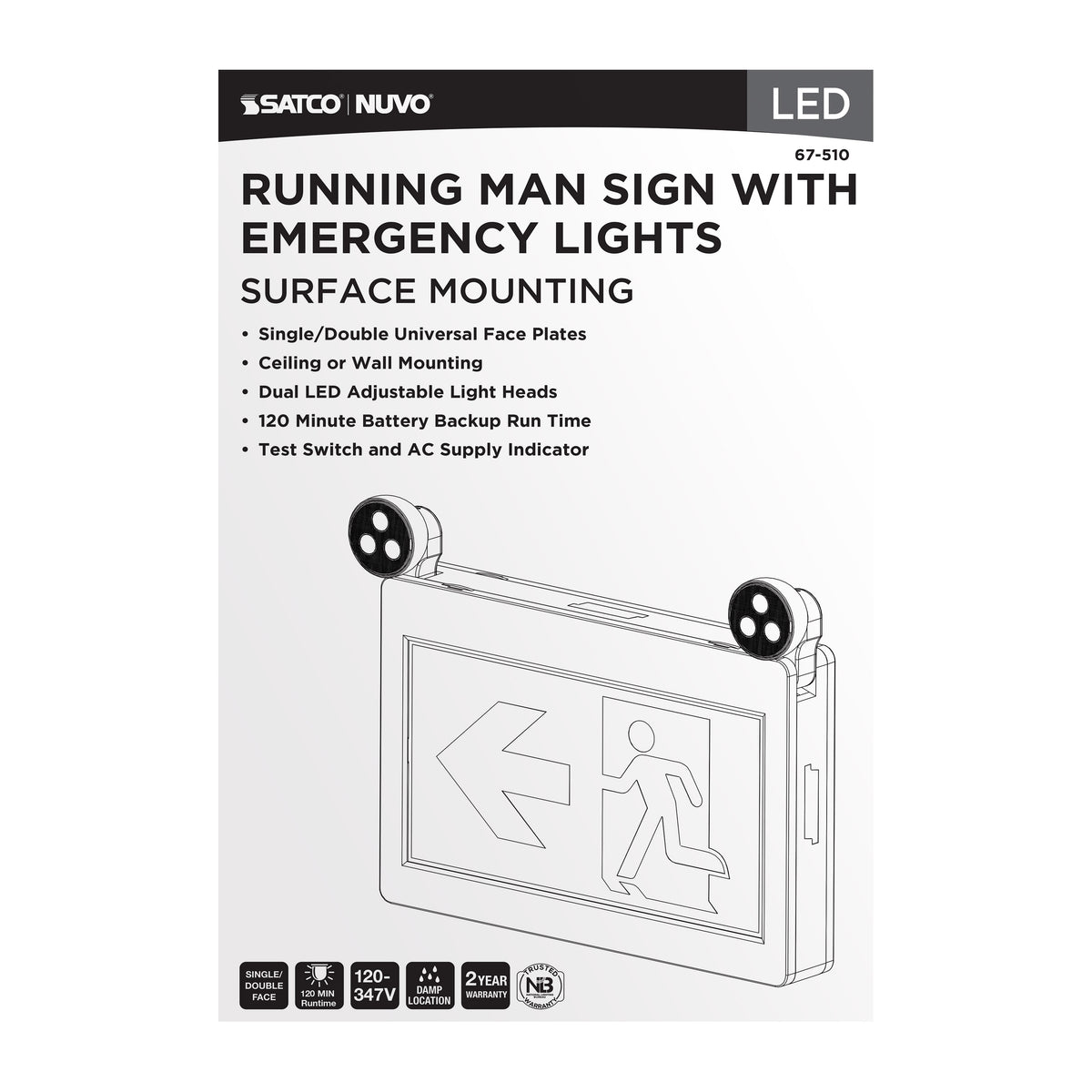 Running Man Green Combo Exit Sign/Emergency Light - 120-347V - 2HR backup - Single/Dual Face - Universal Mounting - Thermoplastic - White Finish