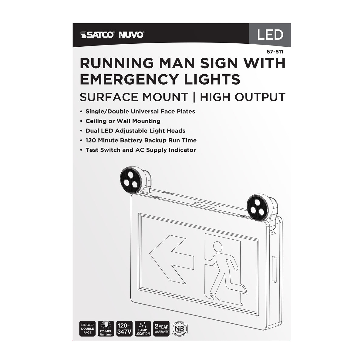 Running Man Green Combo Exit Sign/Emergency Light - 120-347V - 2HR backup - Single/Dual Face - Universal Mounting - Thermoplastic - High Output lamps - White Finish