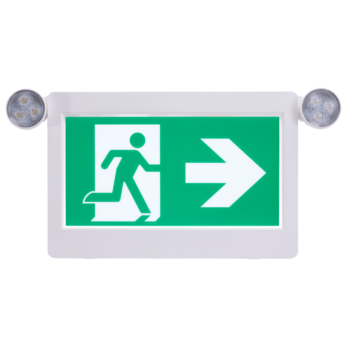 Running Man Green Combo Exit Sign/Emergency Light - 120/347V - 90min backup - Single/Dual Face - Universal Mounting - Thermoplastic - Remote-Capable - White Finish