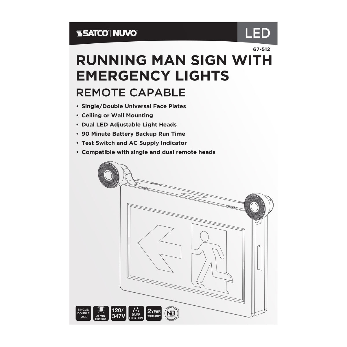 Running Man Green Combo Exit Sign/Emergency Light - 120/347V - 90min backup - Single/Dual Face - Universal Mounting - Thermoplastic - Remote-Capable - White Finish