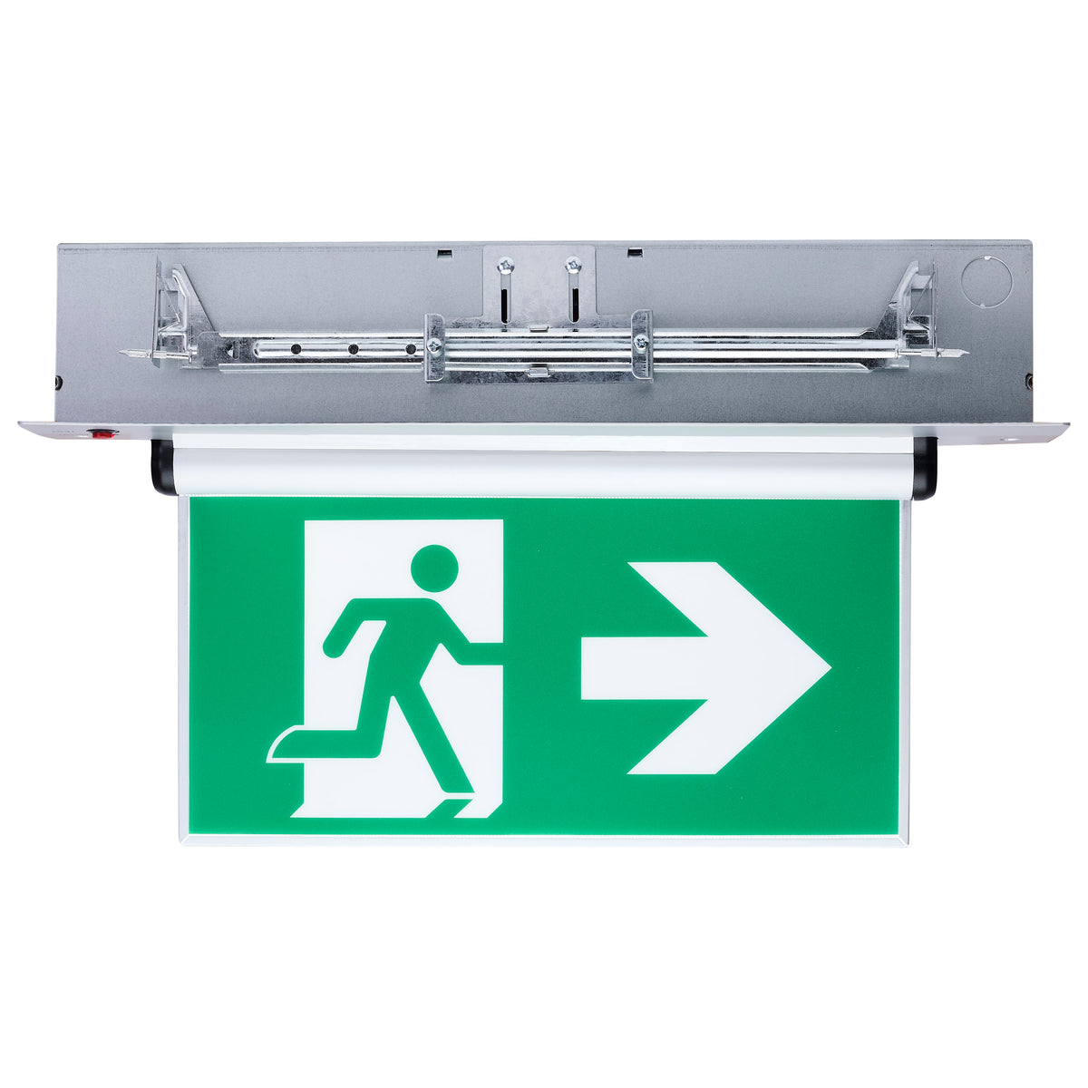 Running Man Green Edge Lit Exit Sign - 120-347V - 2HR backup - Single/Dual Face - Universal Surface or Recessed Mounting - Pivoting Panel - Brushed Aluminum Finish