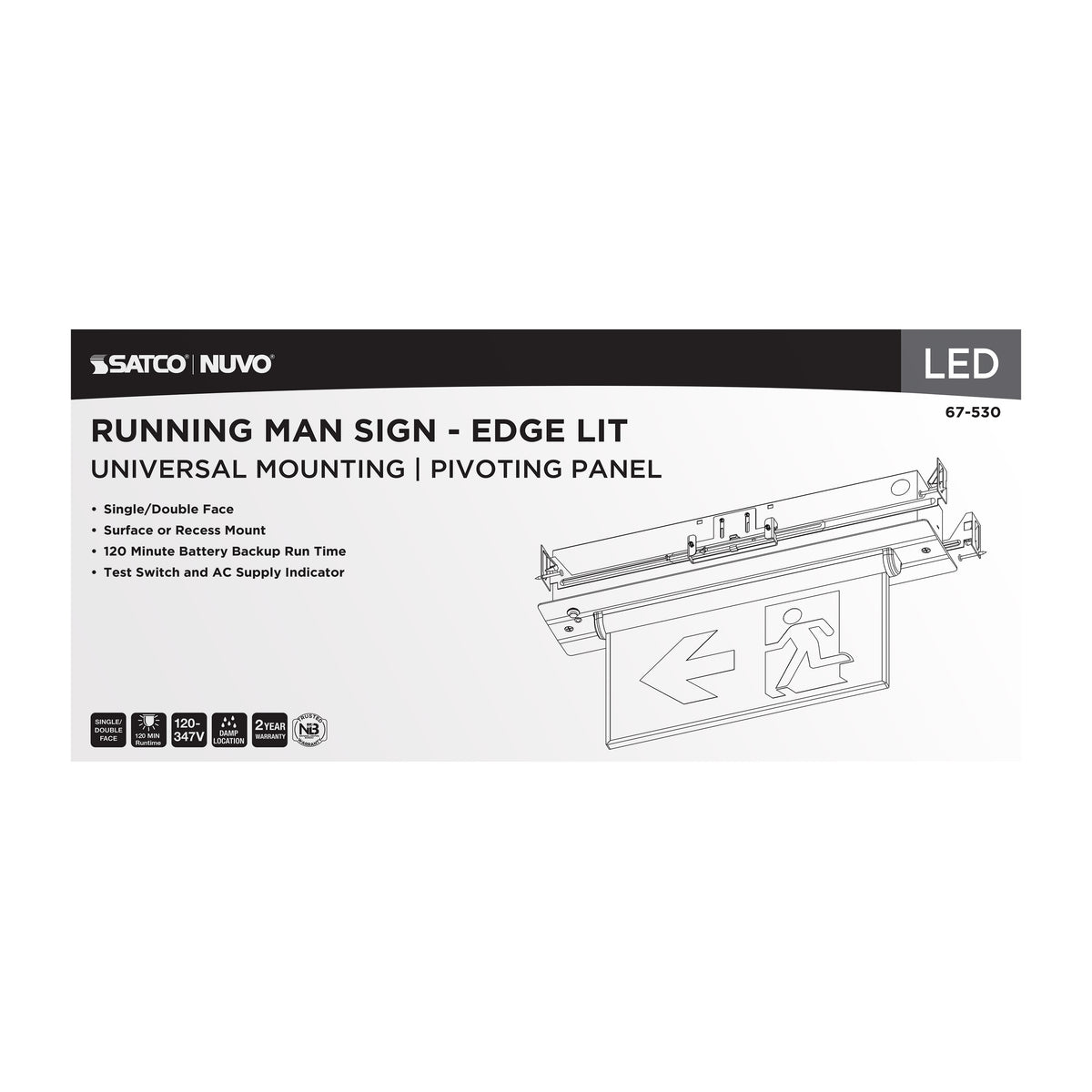 Running Man Green Edge Lit Exit Sign - 120-347V - 2HR backup - Single/Dual Face - Universal Surface or Recessed Mounting - Pivoting Panel - Brushed Aluminum Finish