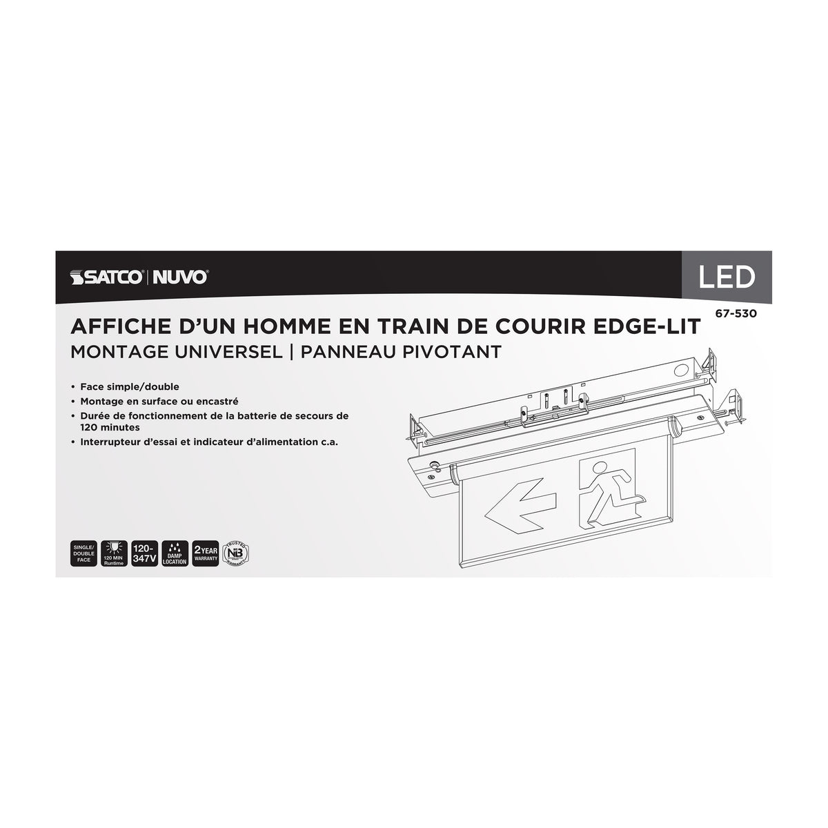 Running Man Green Edge Lit Exit Sign - 120-347V - 2HR backup - Single/Dual Face - Universal Surface or Recessed Mounting - Pivoting Panel - Brushed Aluminum Finish