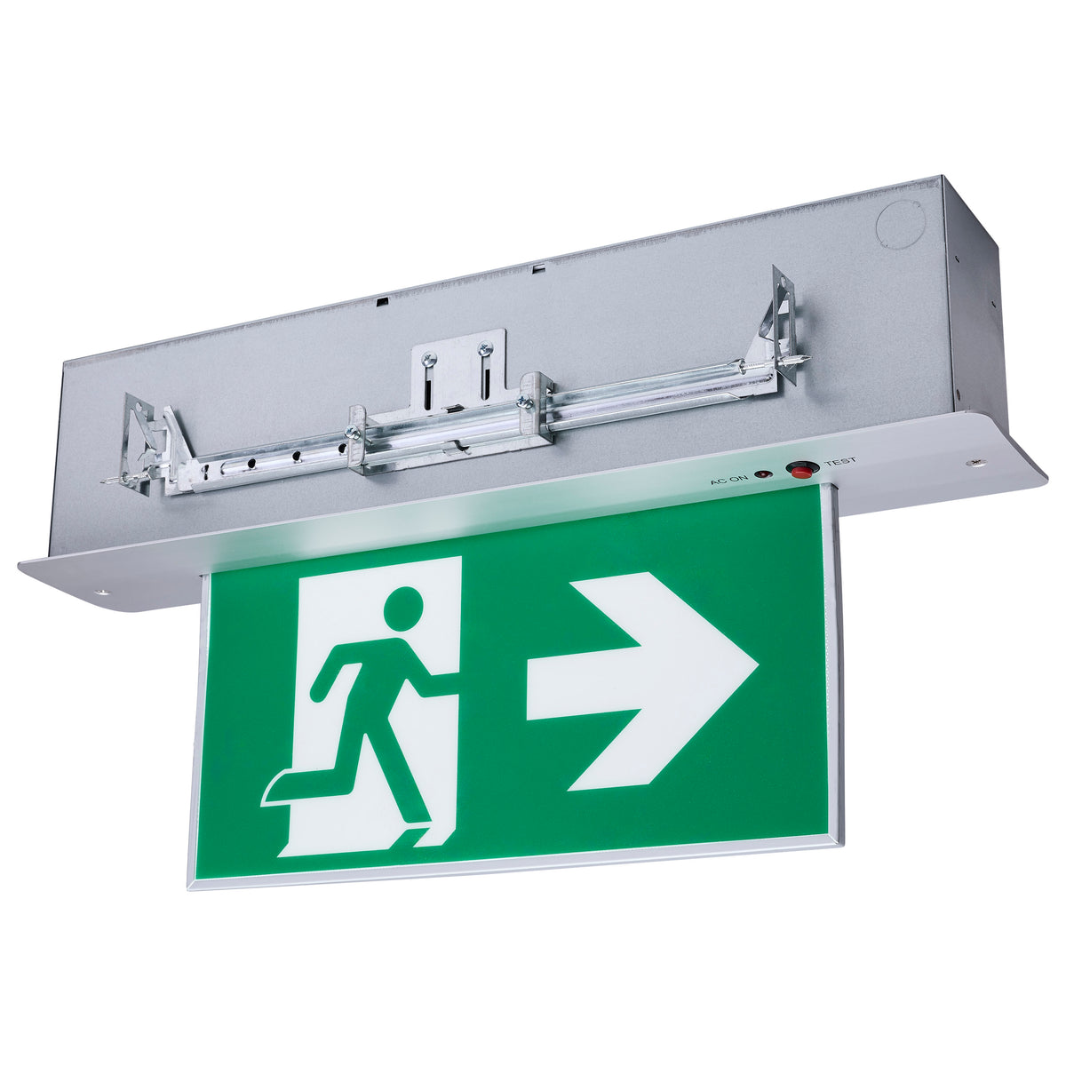 Running Man Green Edge Lit Exit Sign - 120-347V - 2HR backup - Single/Dual Face - Premium Flush Recessed Mounting - Brushed