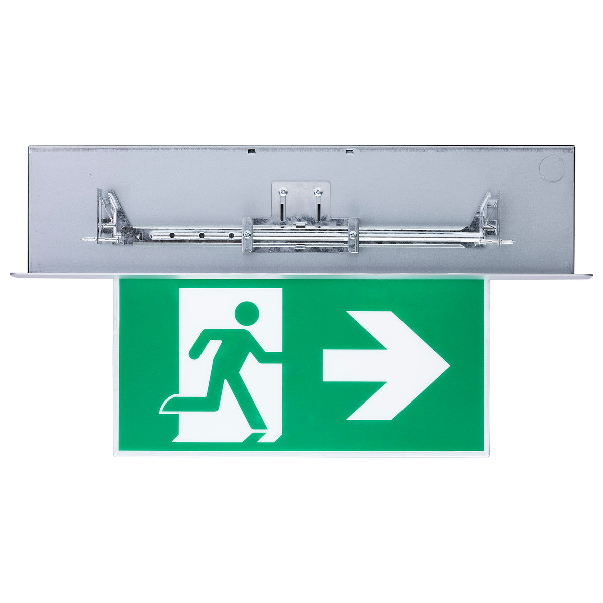 Running Man Green Edge Lit Exit Sign - 120-347V - 2HR backup - Single/Dual Face - Premium Flush Recessed Mounting - Brushed Aluminum Finish