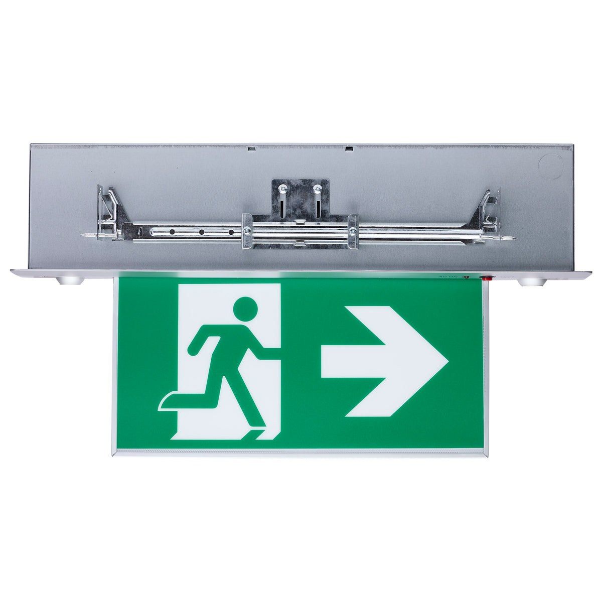 Running Man Green Combo Edge Lit Exit Sign/Emergency Light - 120-347V - 2HR backup - Single/Dual Face - Premium Flush Recessed Mounting - Brushed Aluminum Finish