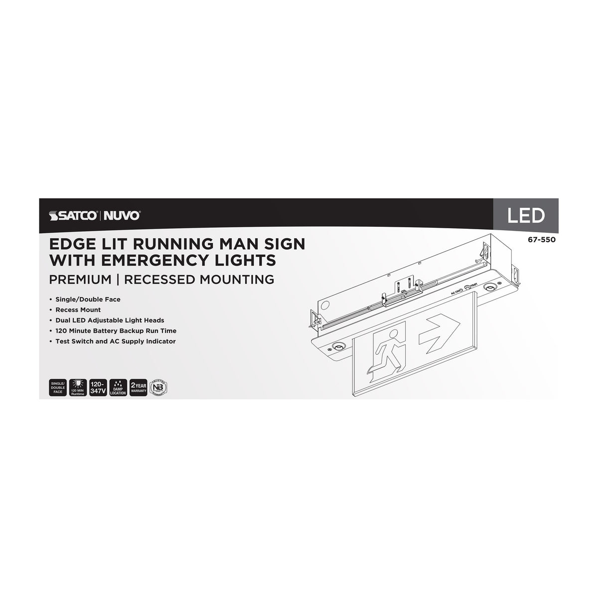 Running Man Green Combo Edge Lit Exit Sign/Emergency Light - 120-347V - 2HR backup - Single/Dual Face - Premium Flush Recessed Mounting - Brushed Aluminum Finish