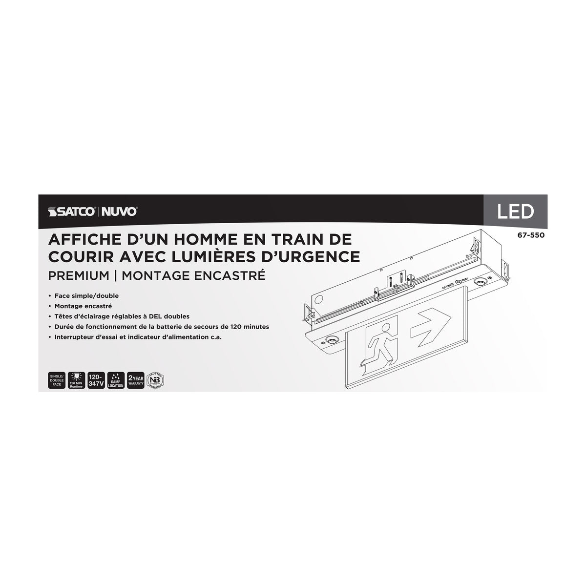 Running Man Green Combo Edge Lit Exit Sign/Emergency Light - 120-347V - 2HR backup - Single/Dual Face - Premium Flush Recessed Mounting - Brushed Aluminum Finish
