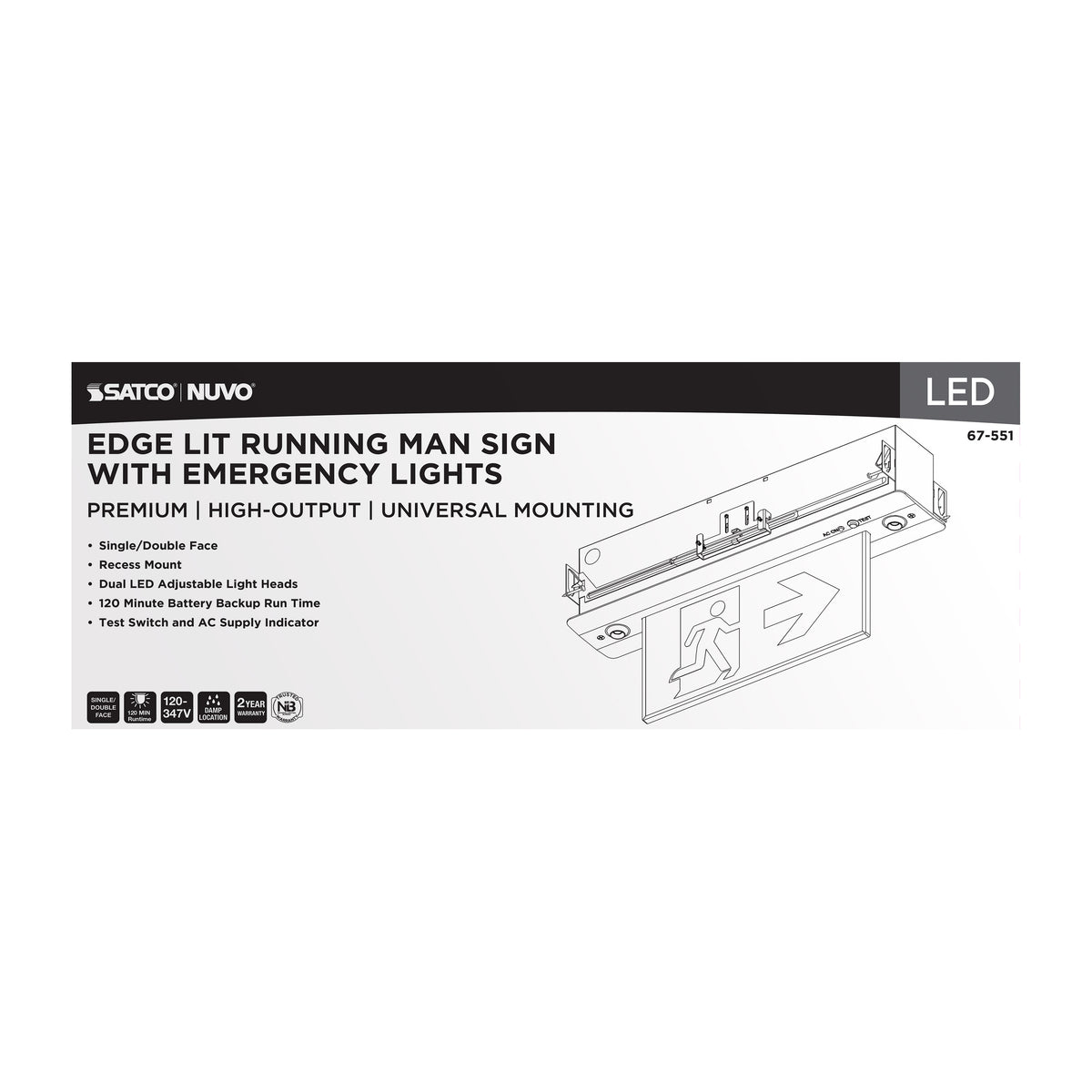 Running Man Green Combo Edge Lit Exit Sign/Emergency Light - 120-347V - 2HR backup - Single/Dual Face - Premium Flush Recessed Mounting - High Output lamps - Brushed Aluminum Finish