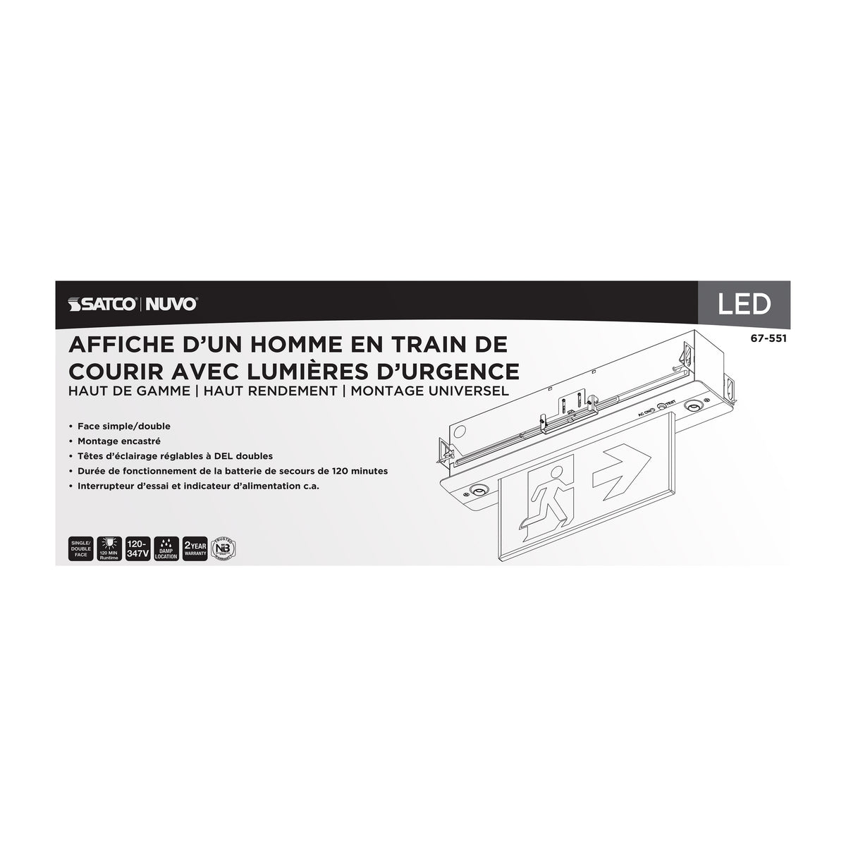 Running Man Green Combo Edge Lit Exit Sign/Emergency Light - 120-347V - 2HR backup - Single/Dual Face - Premium Flush Recessed Mounting - High Output lamps - Brushed Aluminum Finish
