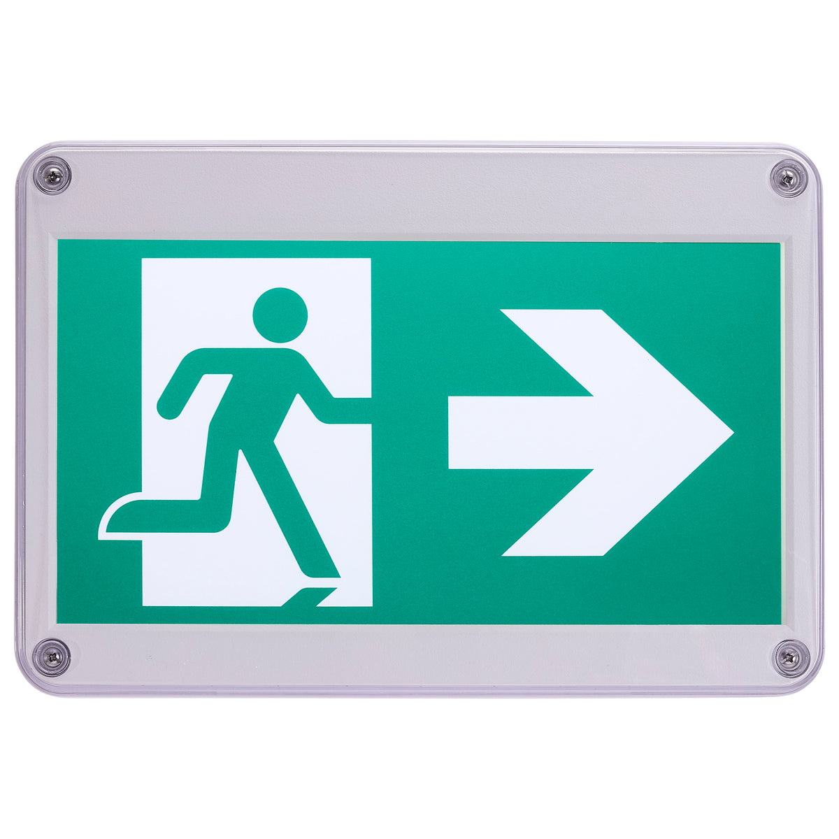 Running Man Green Exit Sign - 120/347V - 2HR backup - Single/Dual Face - Universal Mounting - Wet Location - White Finish