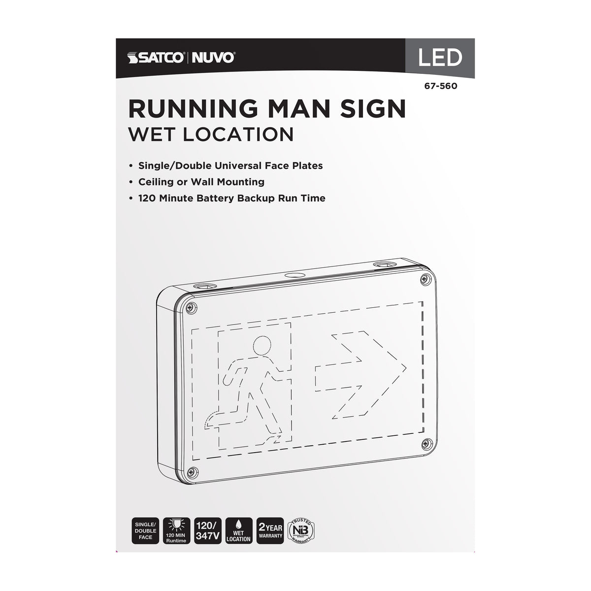 Running Man Green Exit Sign - 120/347V - 2HR backup - Single/Dual Face - Universal Mounting - Wet Location - White Finish