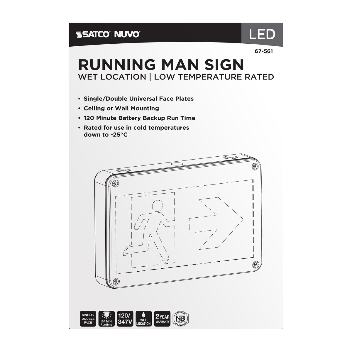 Running Man Green Exit Sign - 120/347V - 2HR backup - Single/Dual Face - Universal Mounting - Wet Location - Low Temperature - White Finish
