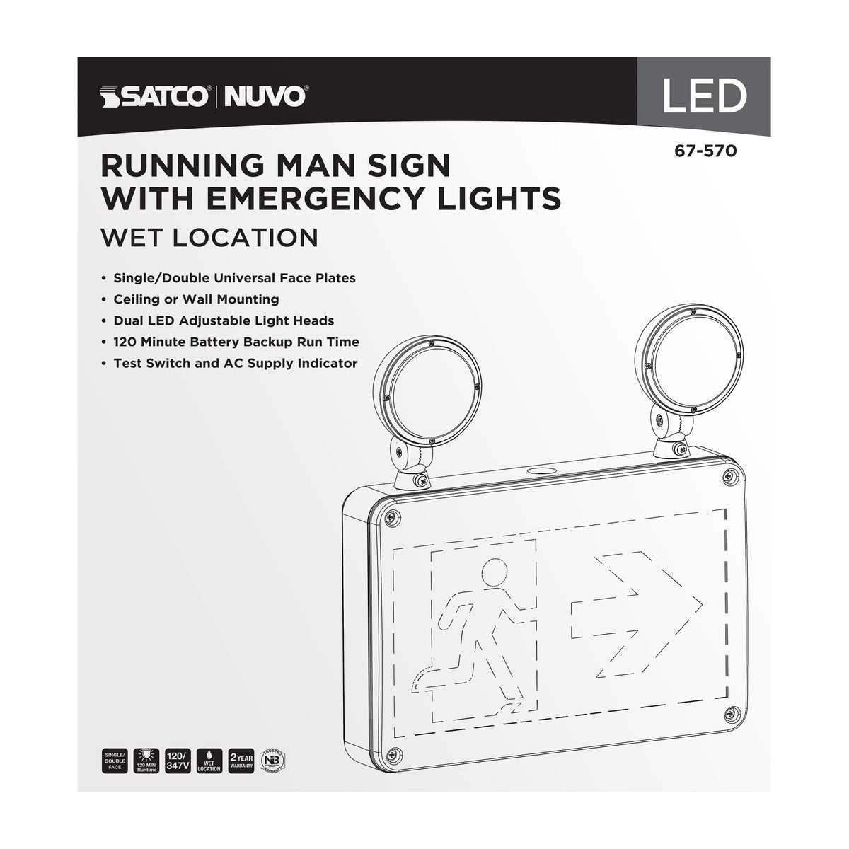 Running Man Green Combo Exit Sign/Emergency Light - 120/347V - 2HR backup - Single/Dual Face - Universal Mounting - Wet Location - White Finish