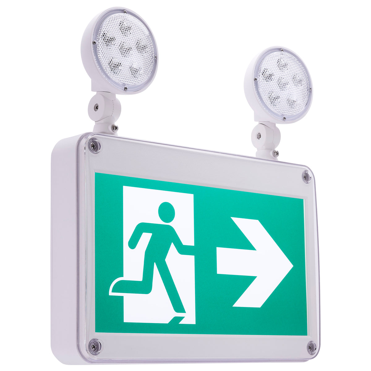 Running Man Green Combo Exit Sign/Emergency Light - 120/347V - 2HR backup - Single/Dual Face - Universal Mounting - Wet