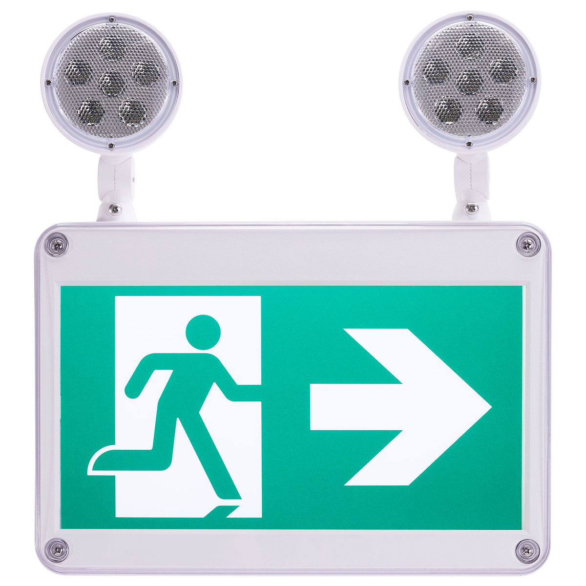 Running Man Green Combo Exit Sign/Emergency Light - 120/347V - 2HR backup - Single/Dual Face - Universal Mounting - Wet Location - Low Temperature - White Finish