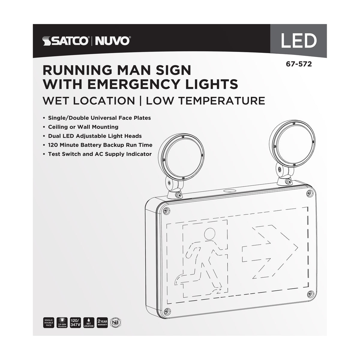 Running Man Green Combo Exit Sign/Emergency Light - 120/347V - 2HR backup - Single/Dual Face - Universal Mounting - Wet Location - Low Temperature - White Finish