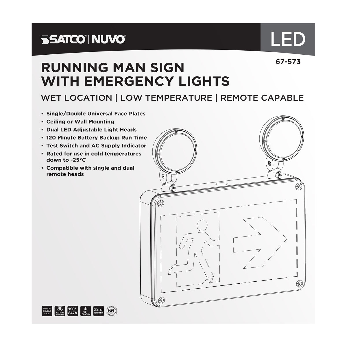 Running Man Green Combo Exit Sign/Emergency Light - 120/347V - 2HR backup - Single/Dual Face - Universal Mounting - Wet Location - Low Temperature - Remote-Capable - White Finish