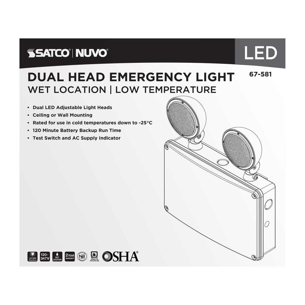 Emergency Light - 120-347V - 2HR Backup - Universal Mounting - Wet Location - Low Temperature - White Finish