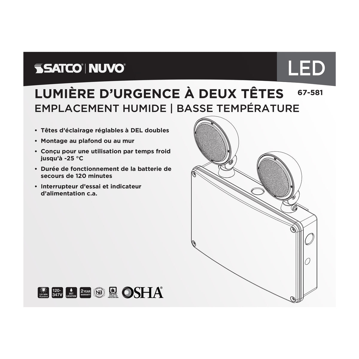 Emergency Light - 120-347V - 2HR Backup - Universal Mounting - Wet Location - Low Temperature - White Finish