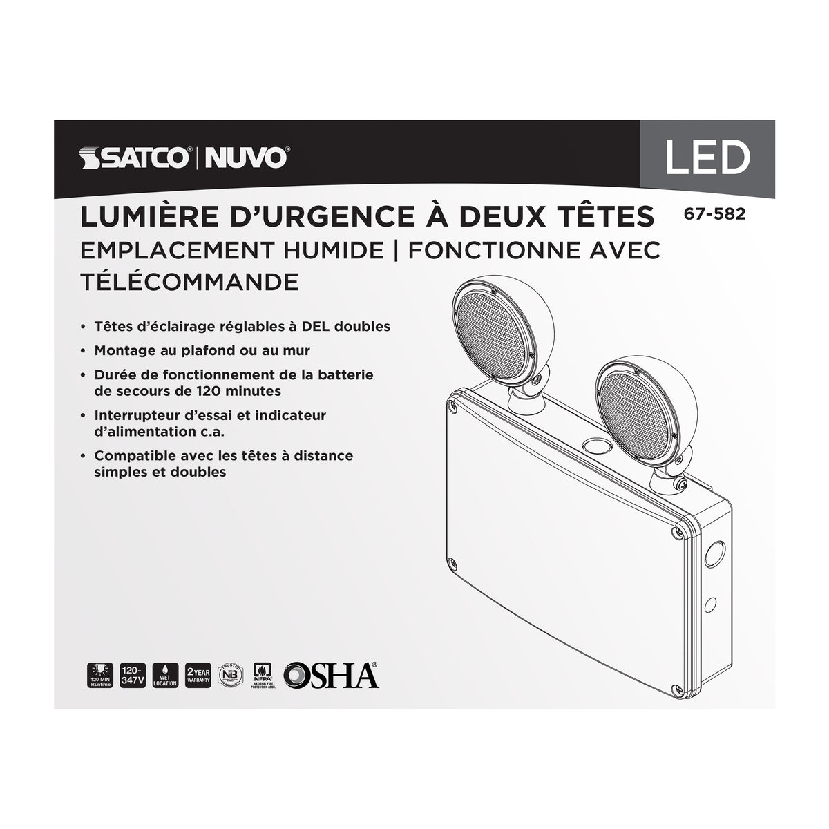 Emergency Light - 120-347V - 2HR Backup - Universal Mounting - Wet Location - Remote Compatible - White Finish
