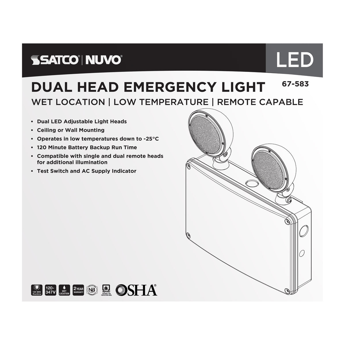 Emergency Light - 120-347V - 2HR Backup - Universal Mounting - Wet Location - Low Temperature - Remote Compatible - White Finish