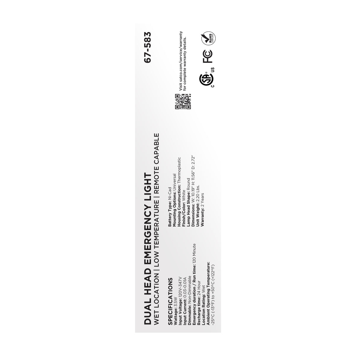 Emergency Light - 120-347V - 2HR Backup - Universal Mounting - Wet Location - Low Temperature - Remote Compatible - White Finish