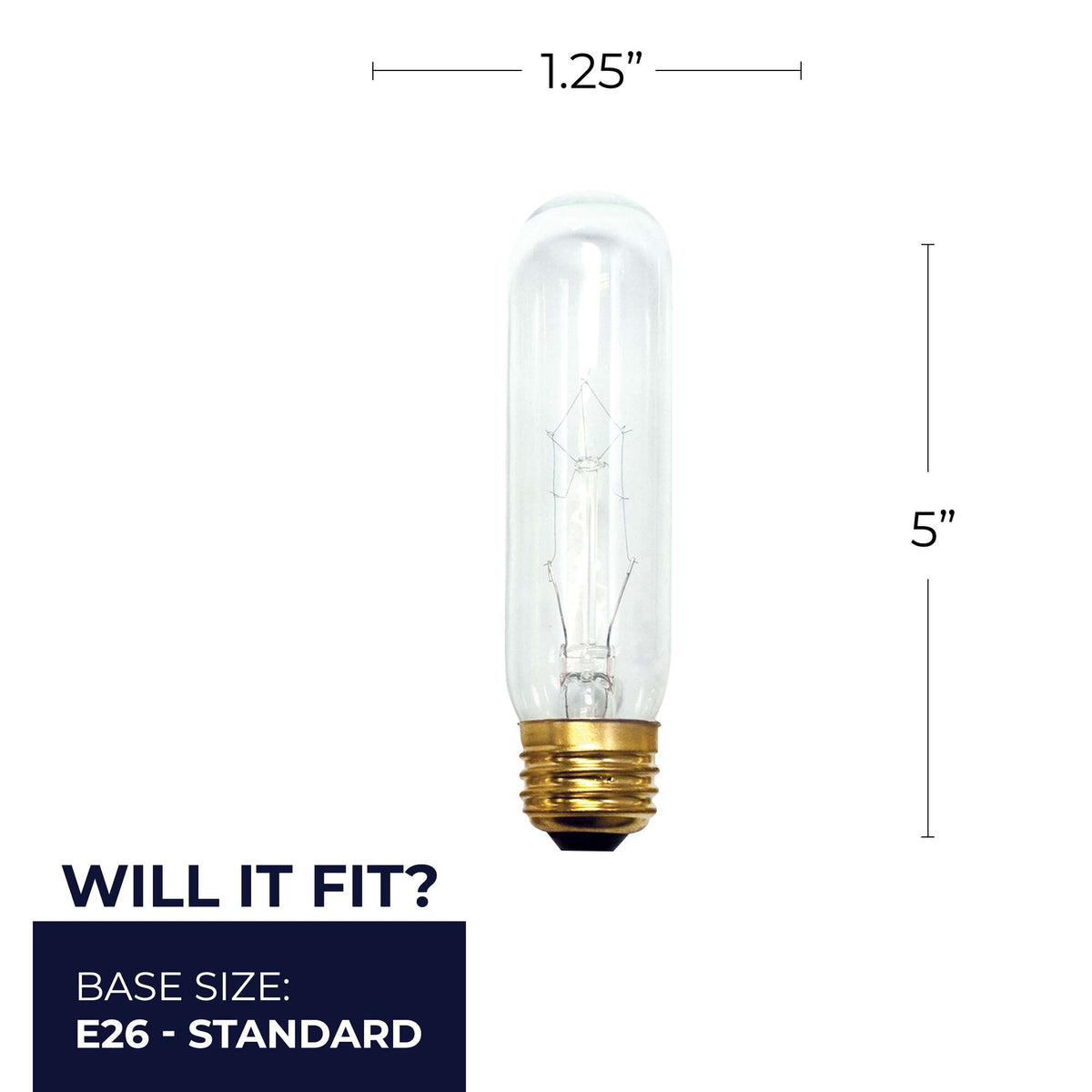 Bulbrite T10 Incandescent Light Bulb, 60W, 2700K, E26 Base, Clear Finish, Dimmable, 25-Pack